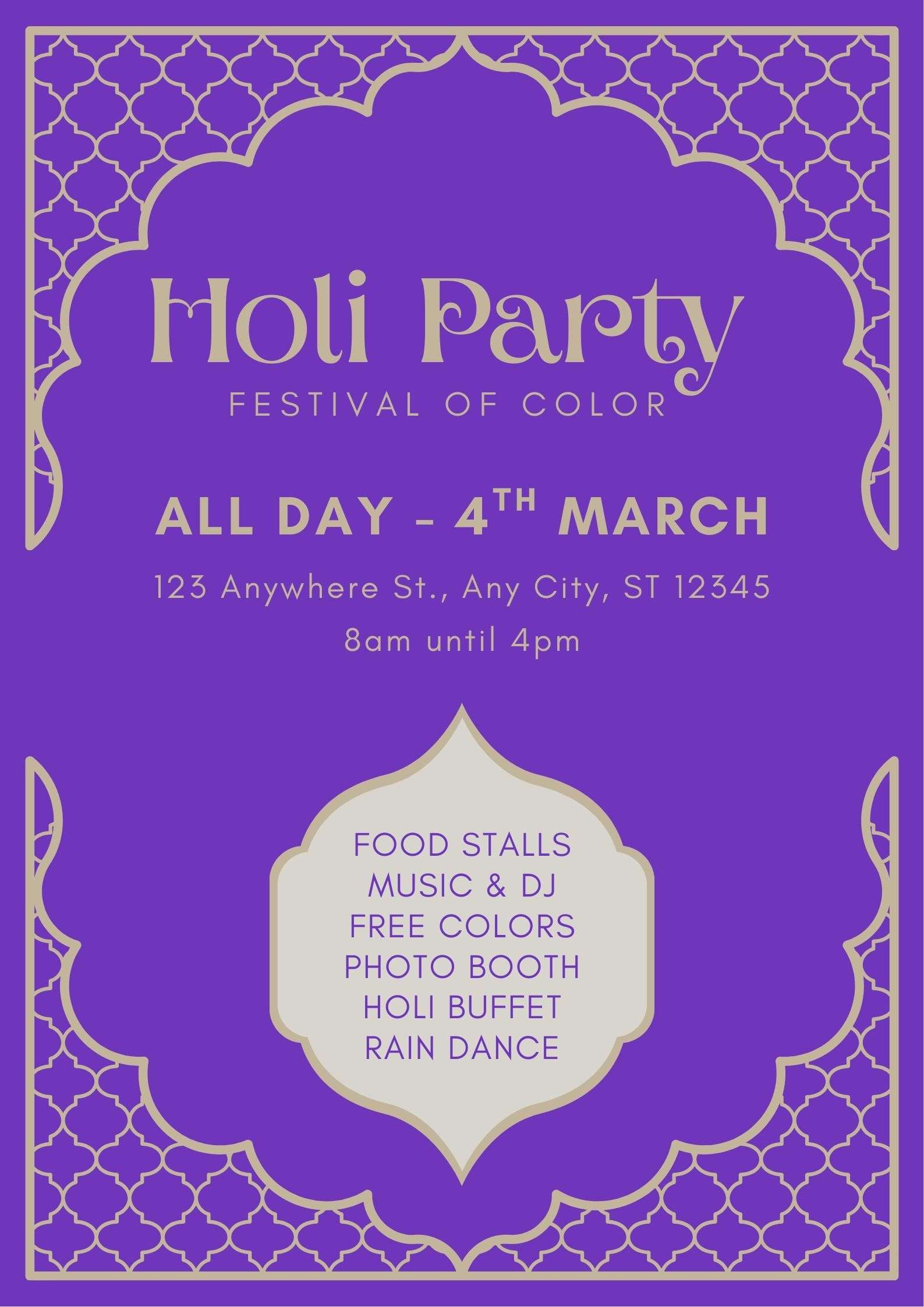 Elegant Purple Holi Party Festival Event Poster