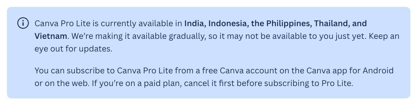 Canva Pro Lite Availability according to Canva